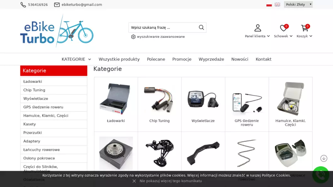 Zrzut ekranu strony Sklep z częściami i akcesoriami rowerowymi Ebiketurbo