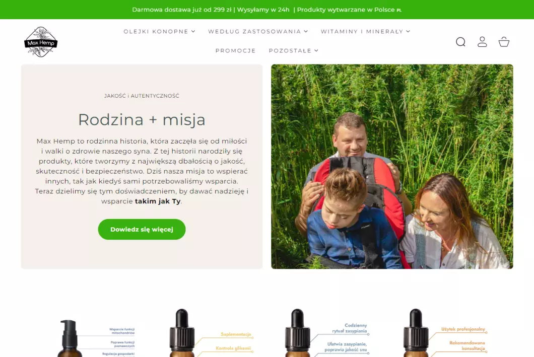Zrzut ekranu strony Max Hemp - olejki konopne CBD