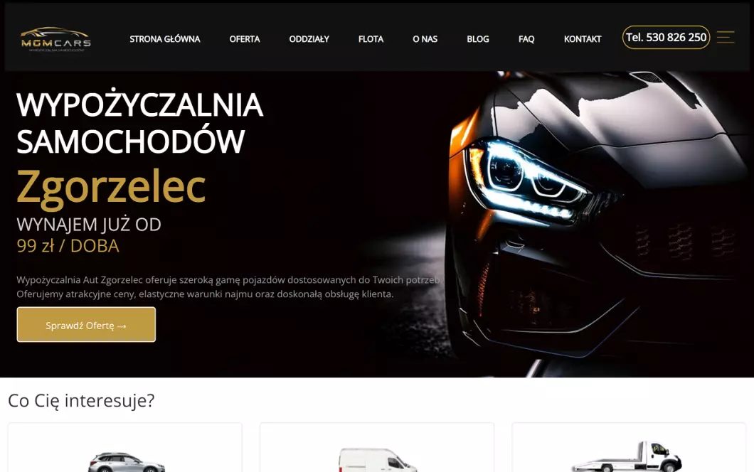 Zrzut ekranu strony MGMcars Wypożyczalnia samochodów Zgorzelec