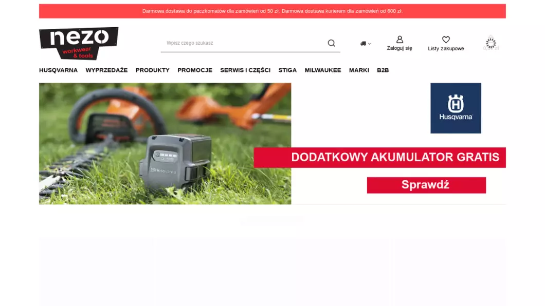 Zrzut ekranu strony Husqvarna sklep - Autoryzowany dealer NEZO