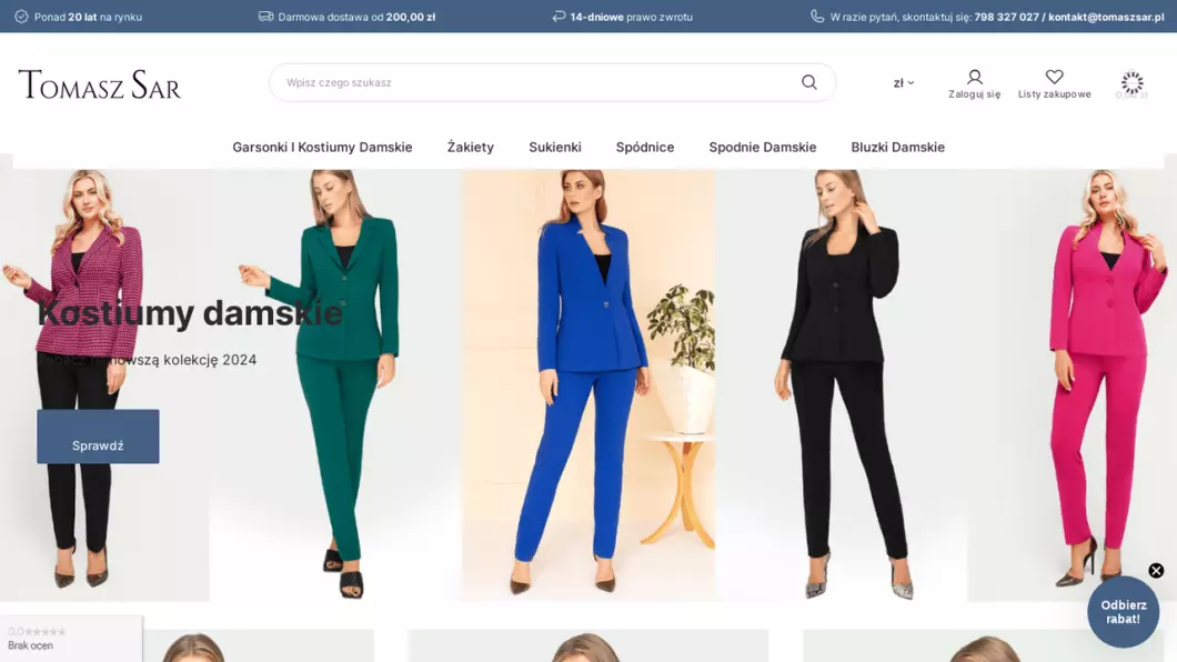Zrzut ekranu strony Wizytowa odzież damska Tomasz Sar