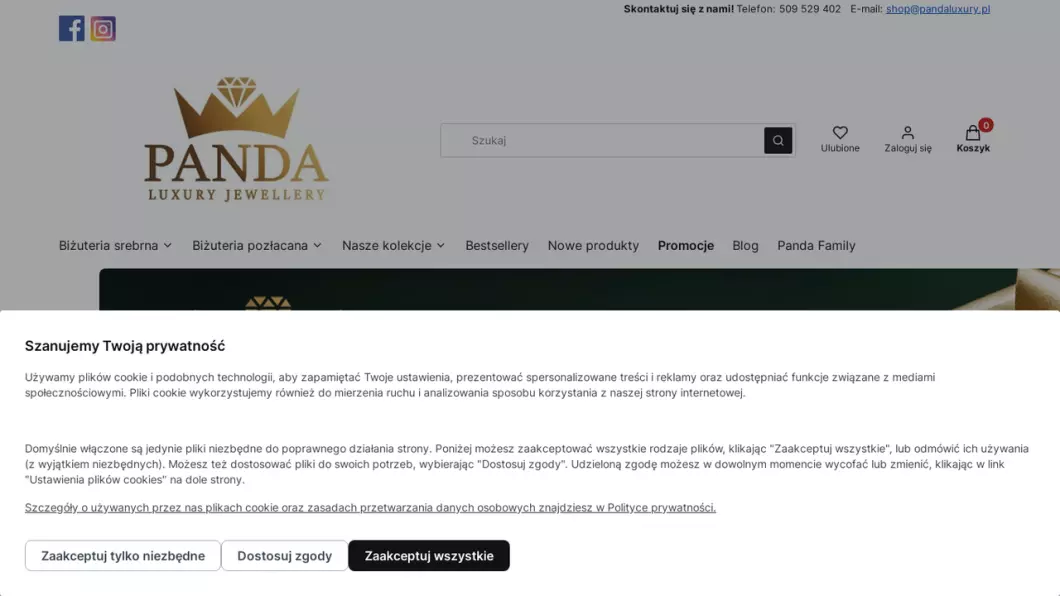 Zrzut ekranu strony Biżuteria srebrna damska | Sklep internetowy Panda Luxury Jewellery