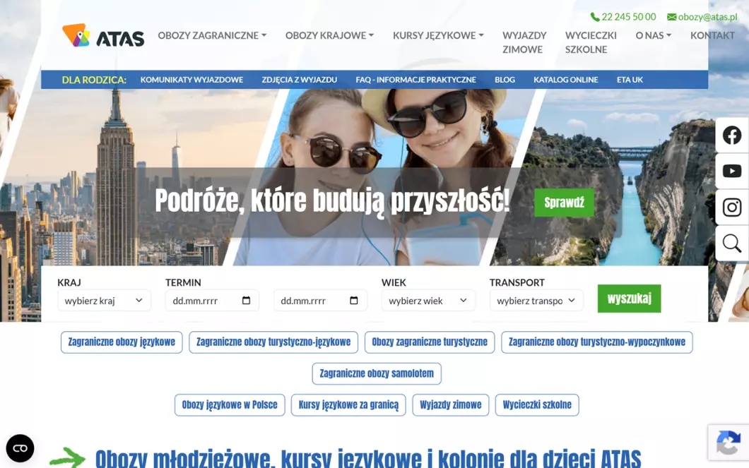 Zrzut ekranu strony Obozy dla dzieci i młodzieży ATAS
