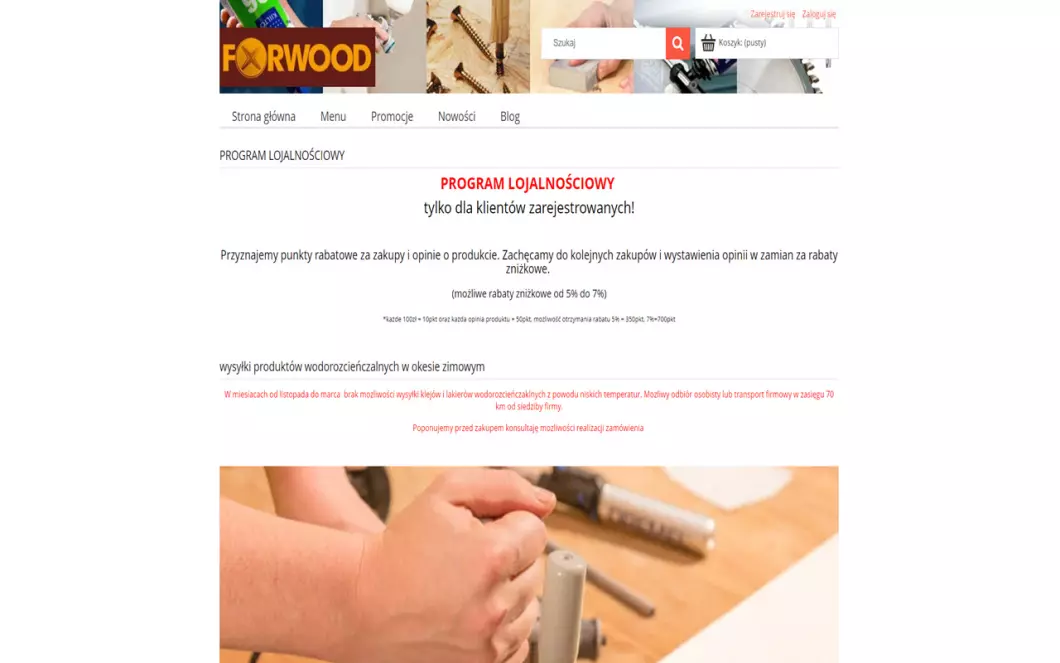 Zrzut ekranu strony Narzędzia stolarskie For Wood